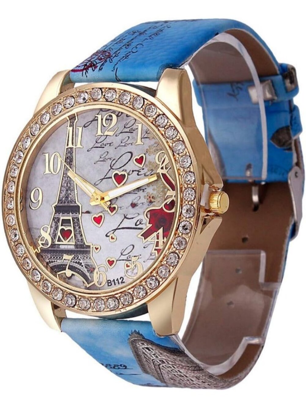 Women's Blue Analog Quartz Solid Pu Leather Strap Bling Rhinestone Wrist Watch